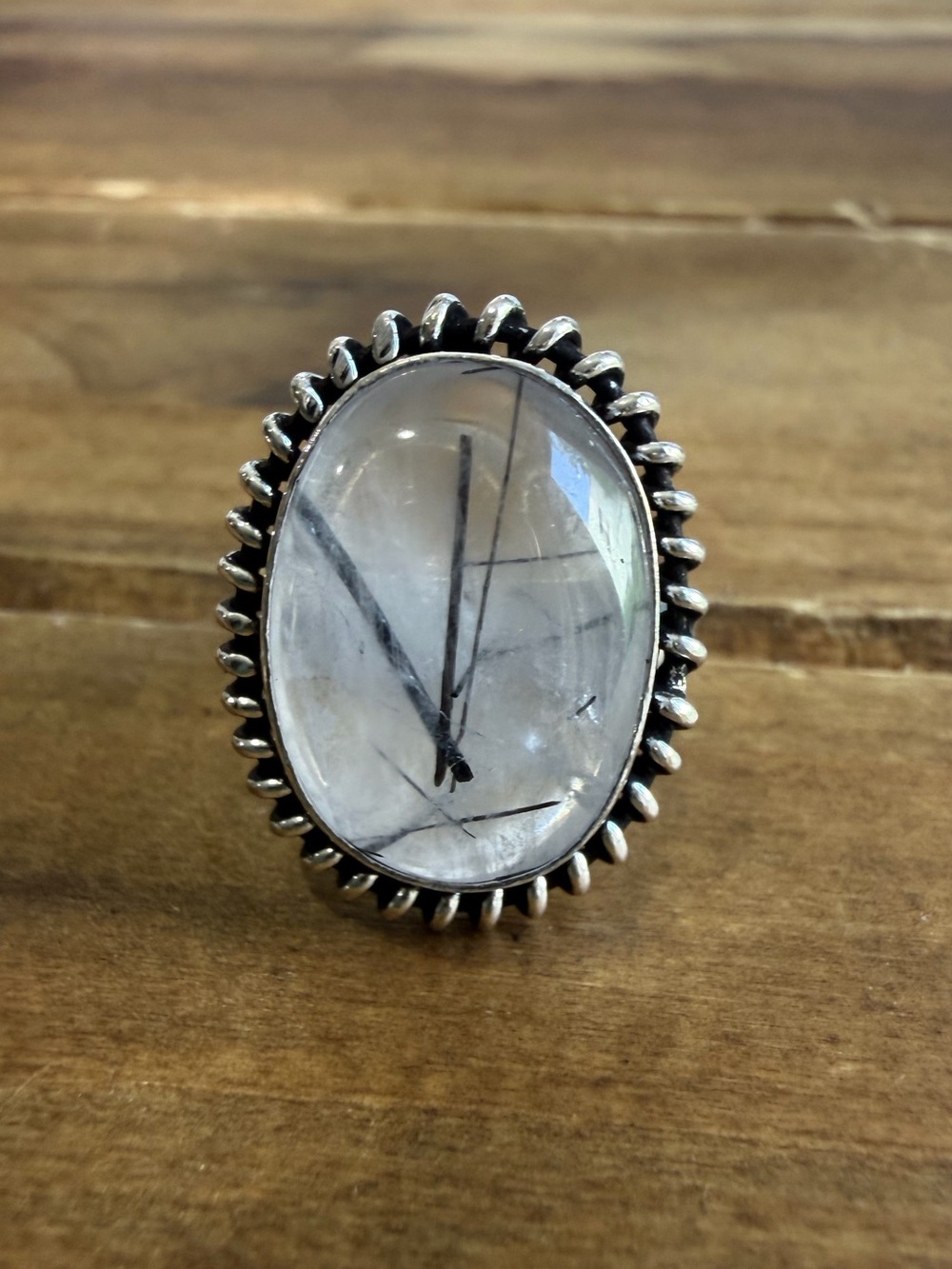 Boho Vintage Sterling Silver Plated Rutile Quartz Jewelry Gemstone Ring Size 7.5
